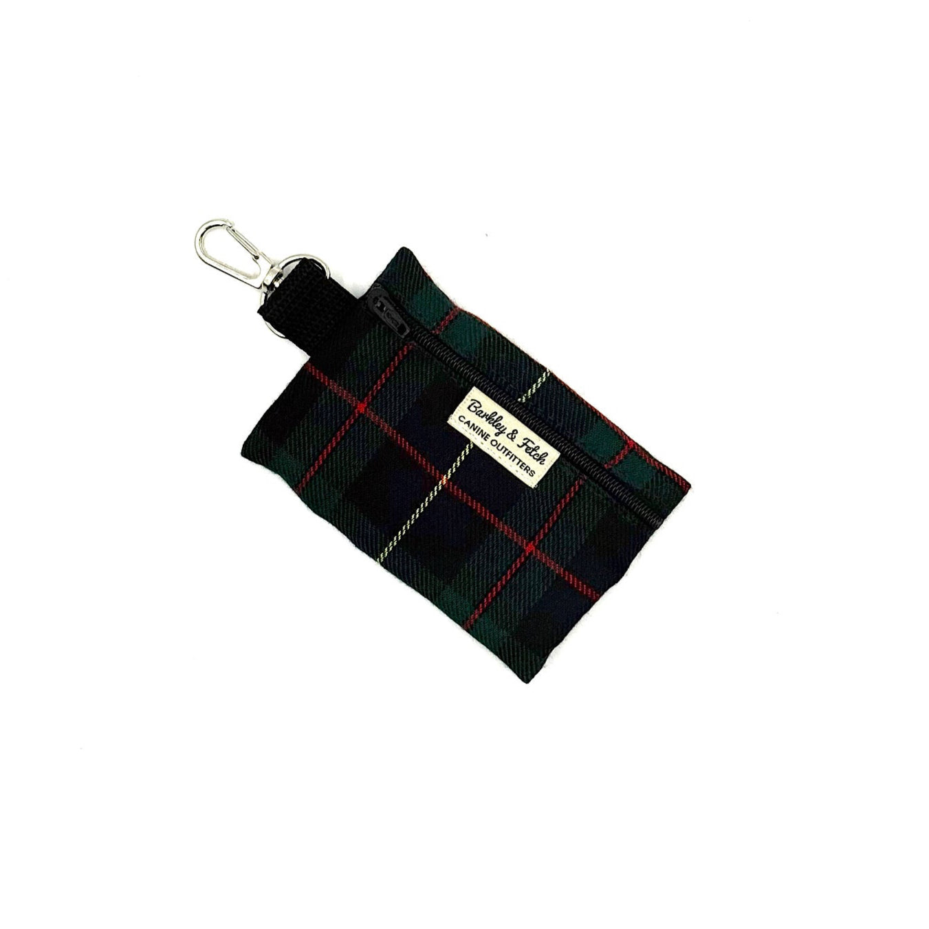 Black and green plaid pouch with a keyring on a white background