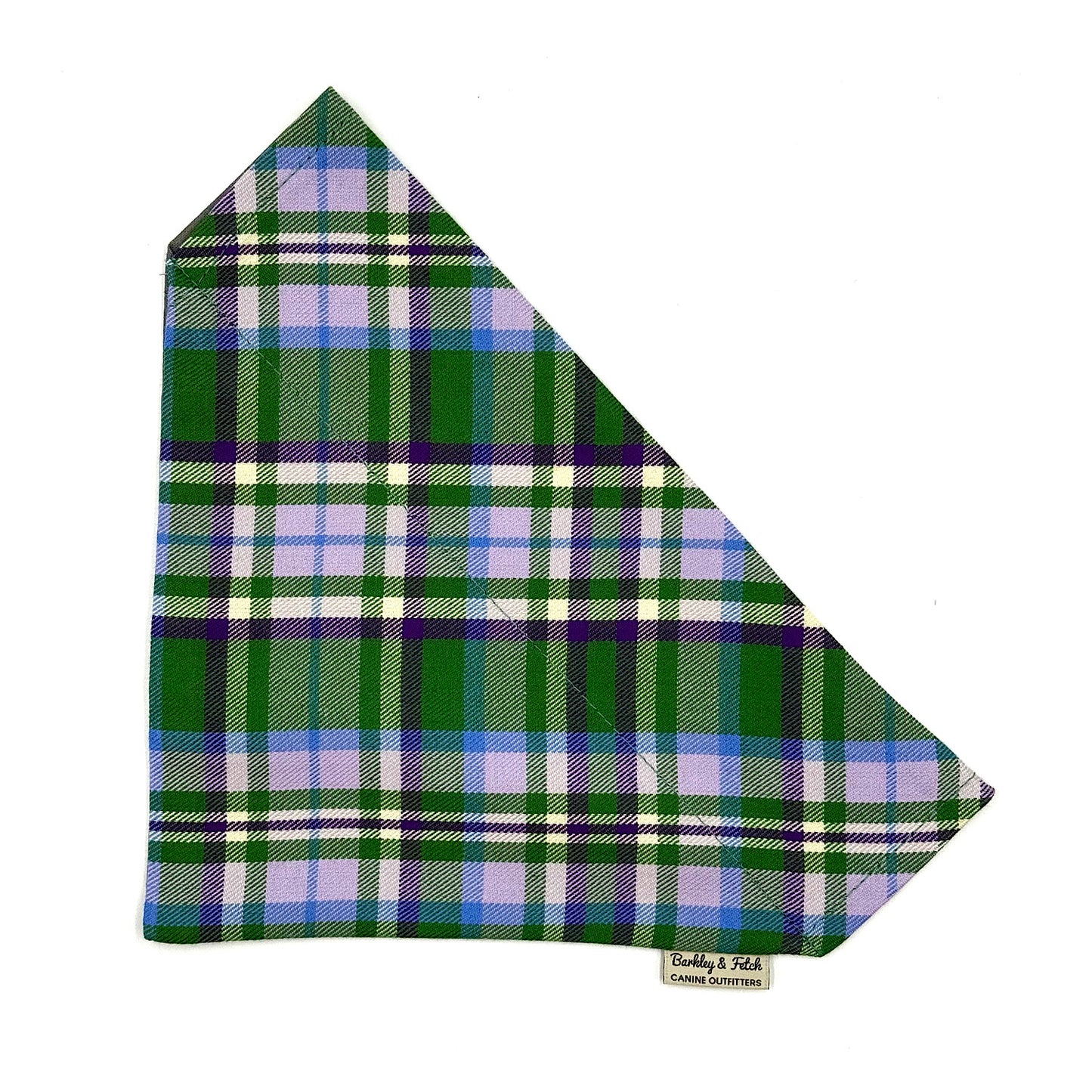 Plaid dog bandana with green, purple, and white colors on a white background