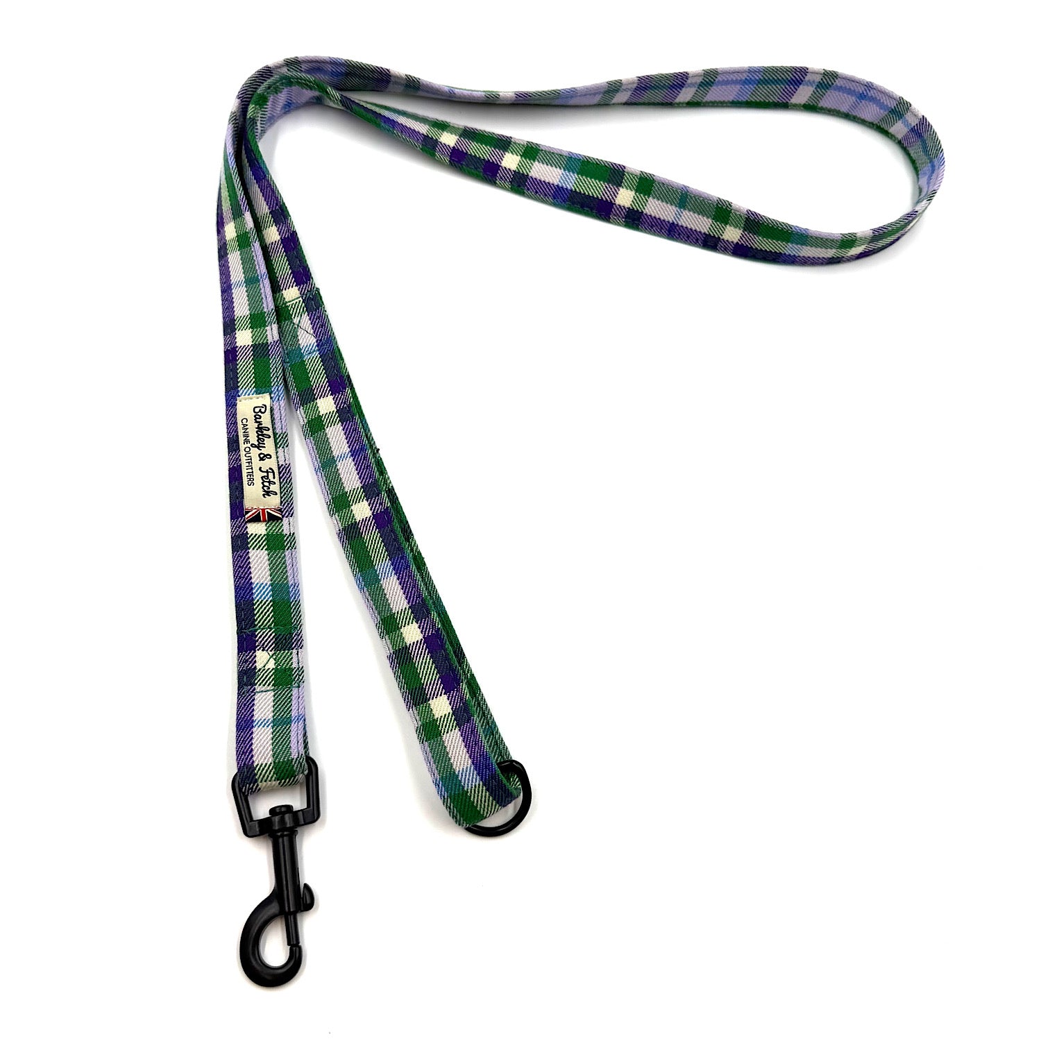 Plaid dog leash with a clip on a white background