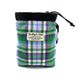 A green and purple checkered dog treat bag with an elastic drawcord closure and a brand label showing 'BARKLEY & FETCH'.