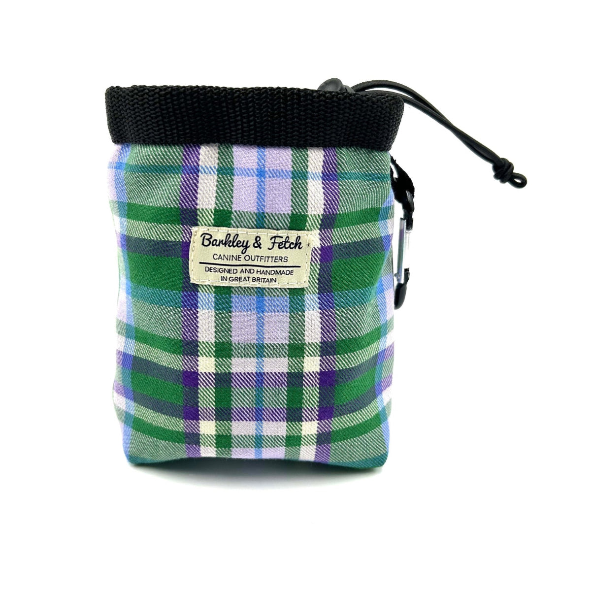 A green and purple checkered dog treat bag with an elastic drawcord closure and a brand label showing 'BARKLEY & FETCH'.