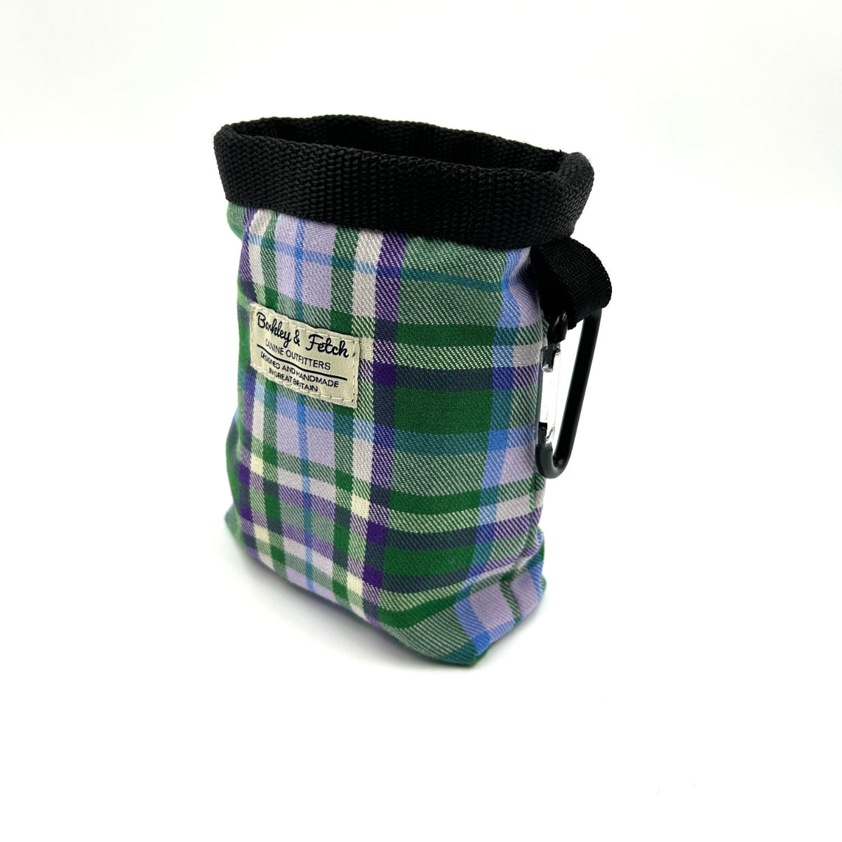 Plaid dog treat bag with black zipper on a white background