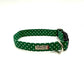 Green dog collar with white polka dots on a white background