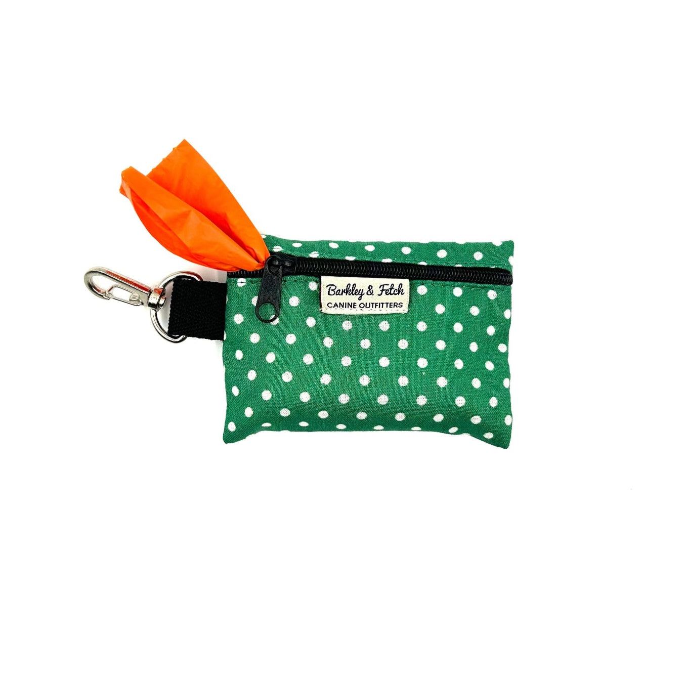 Green polka dot pouch with orange feather and keychain clip on a white background