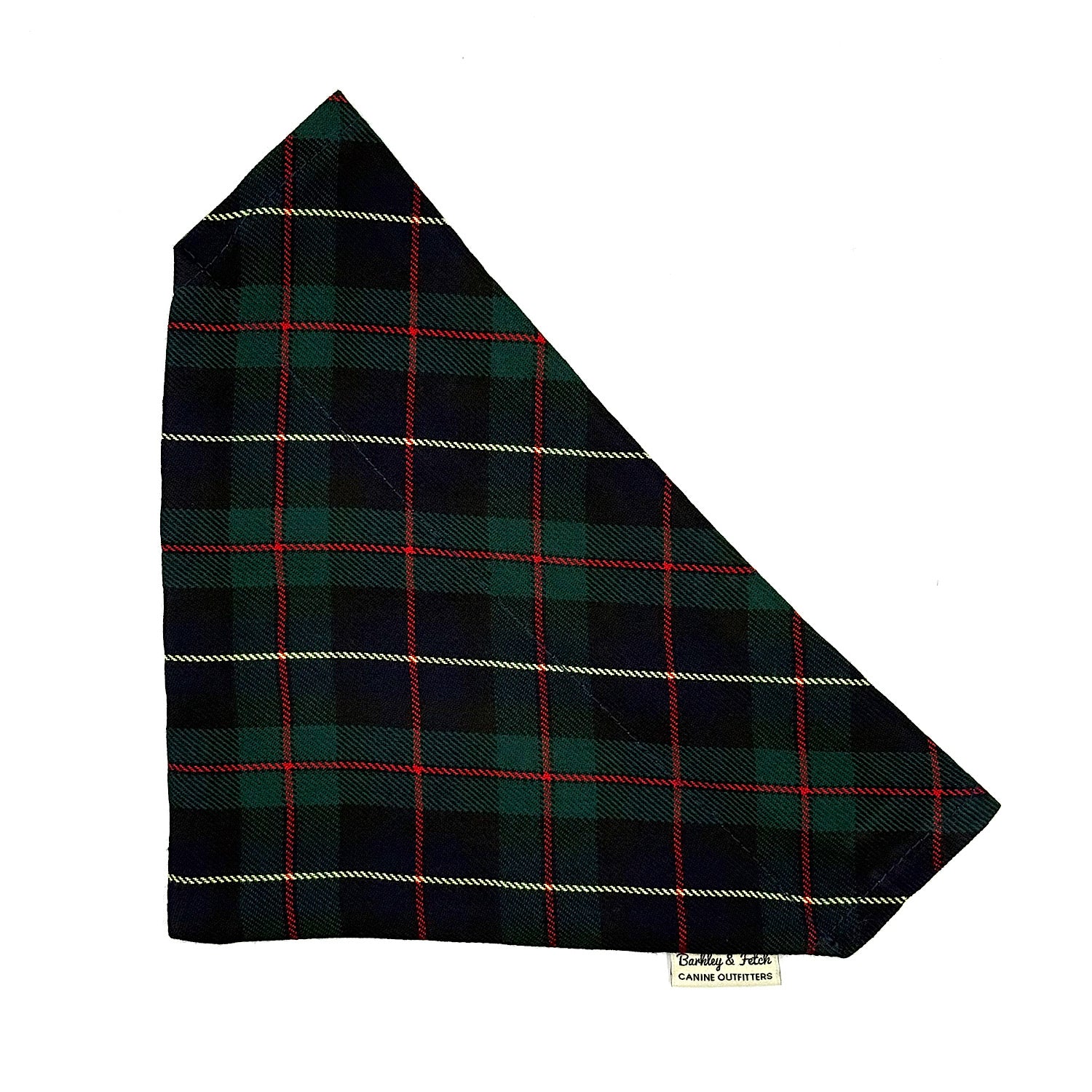 Plaid fabric with green, red, and white pattern on a white background