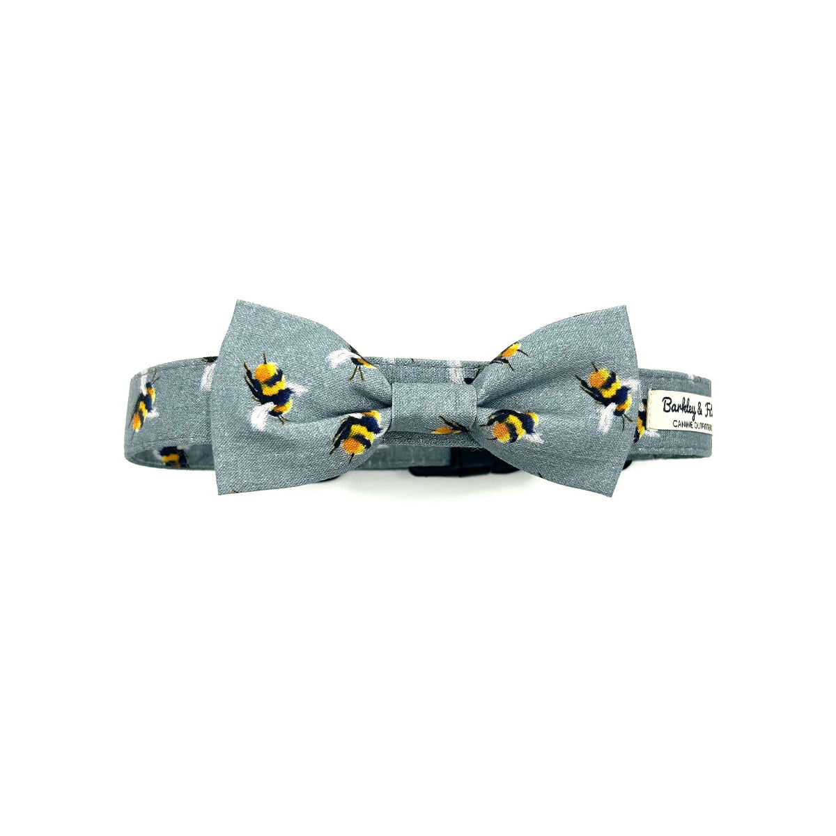 Gray bow tie with bee pattern on a white background
