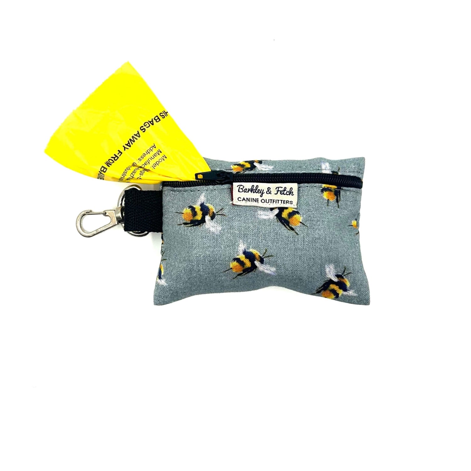 Small pouch with bee pattern and keychain attached on a white background