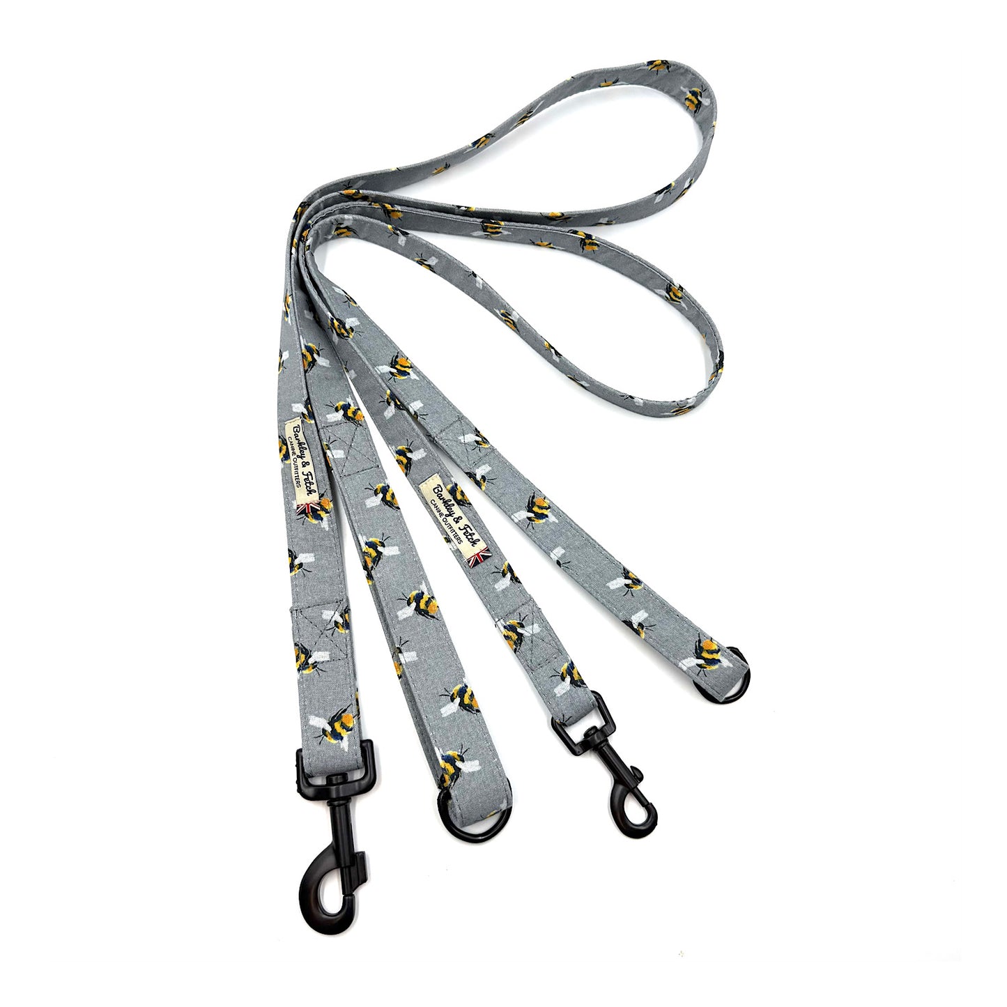 Dog leash with bee pattern on a white background. Handmade in the uk by Barkley and Fetch