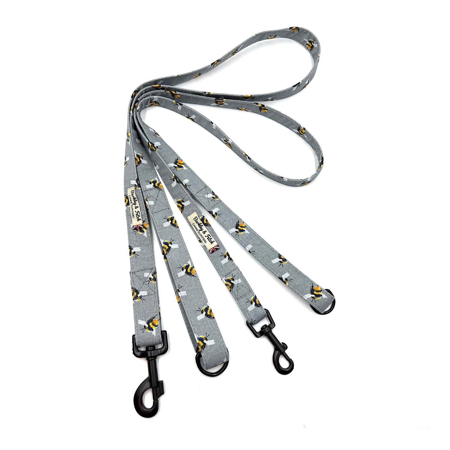 Dog leash with bee pattern on a white background. Handmade in the uk by Barkley and Fetch