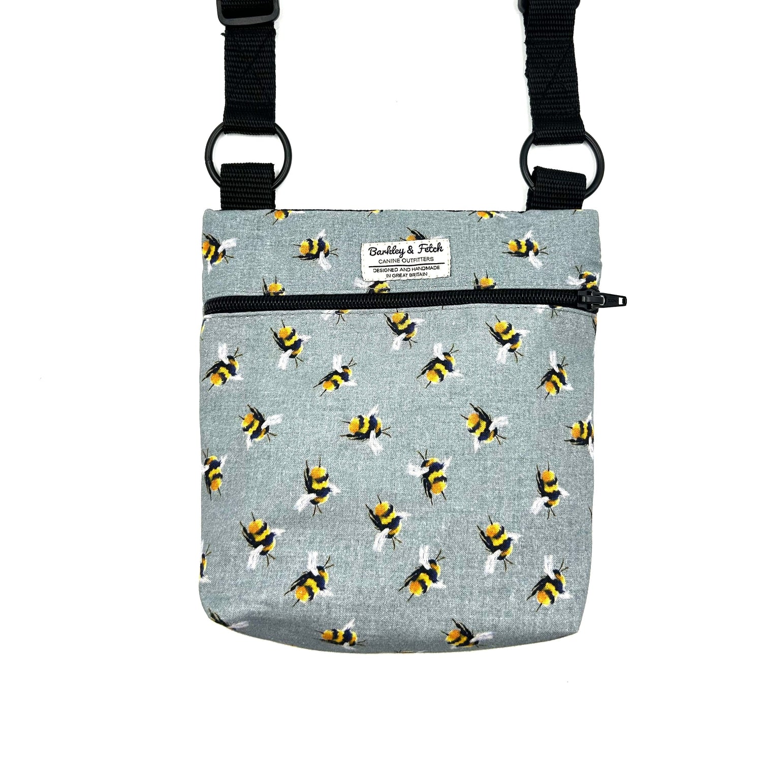 Crossbody bag with bee pattern on a gray background handmade by barkley and fetch uk