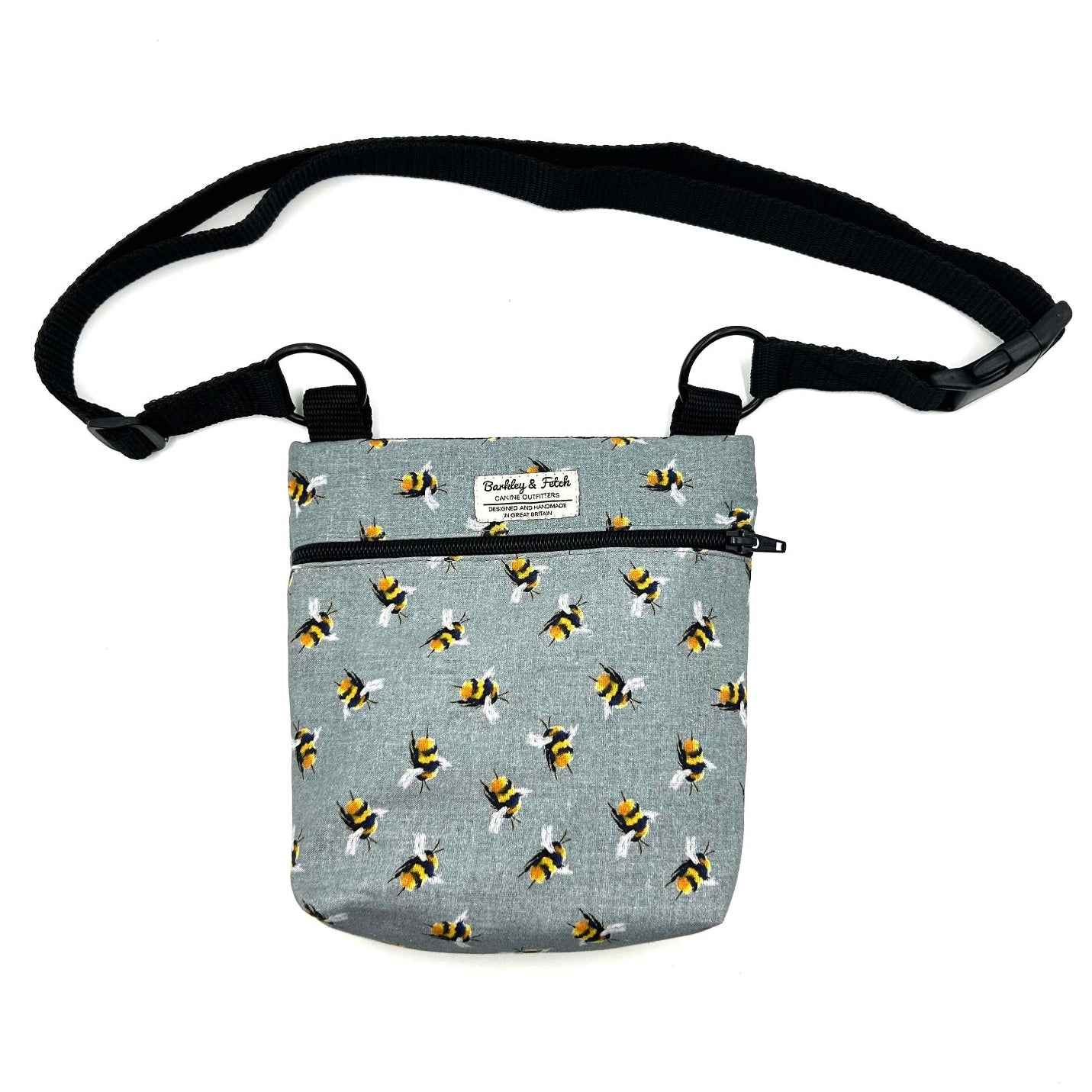 Small pouch with bee pattern and black strap on a white background handmade by barkley and fetch uk