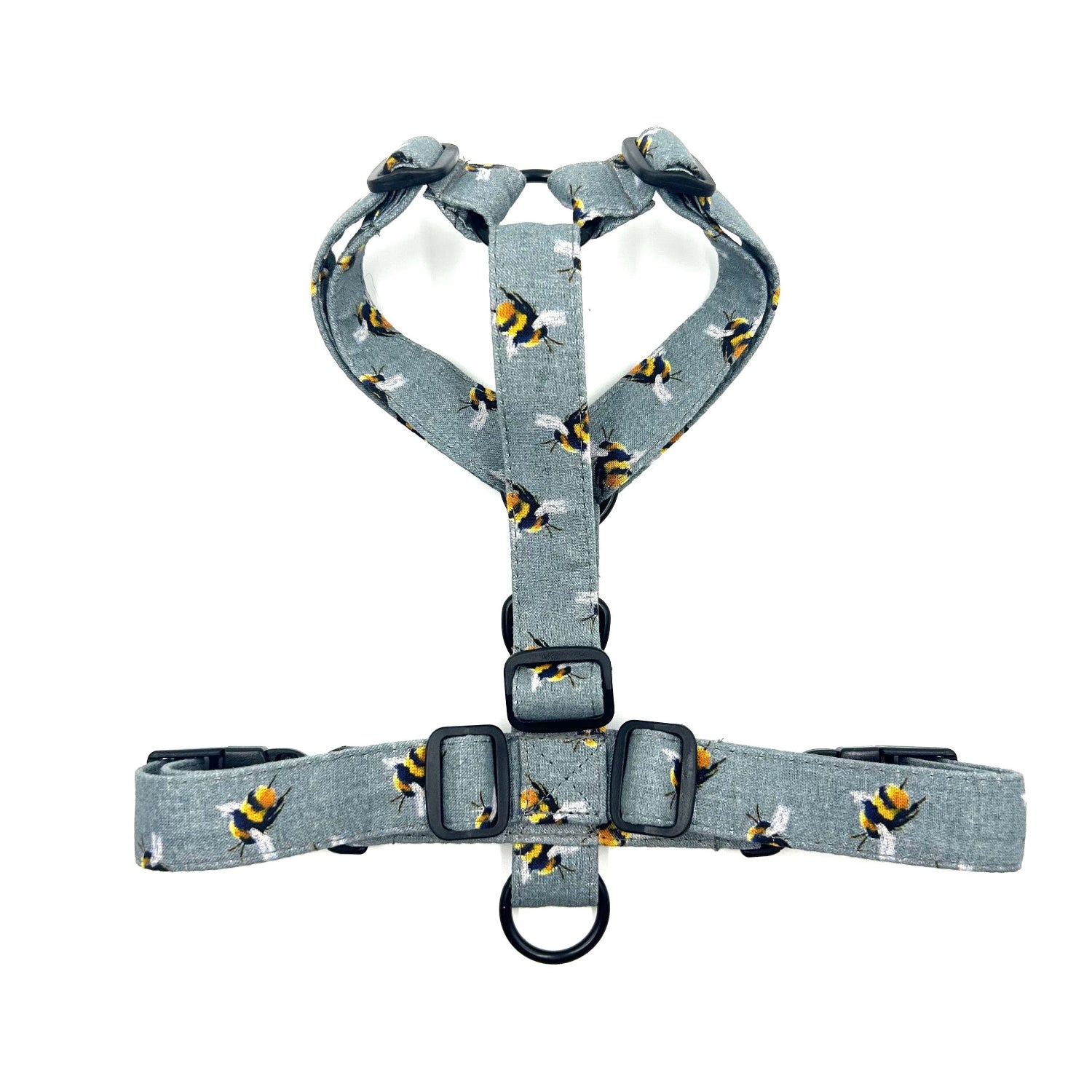 Gray dog harness with bee pattern on a white background handmade by barkley and fetch uk