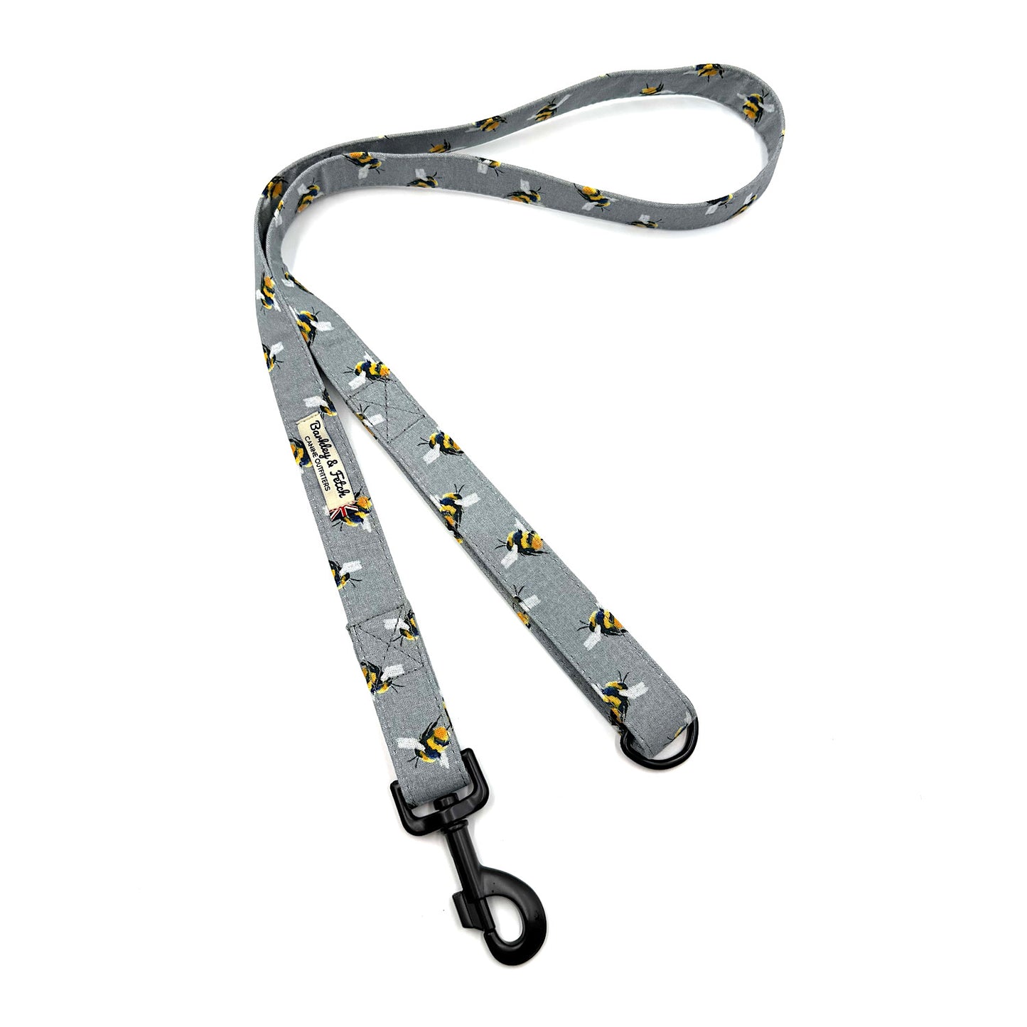 Gray dog leash with black clip and small dog pattern on a white background. Handmade in the uk by Barkley and Fetch