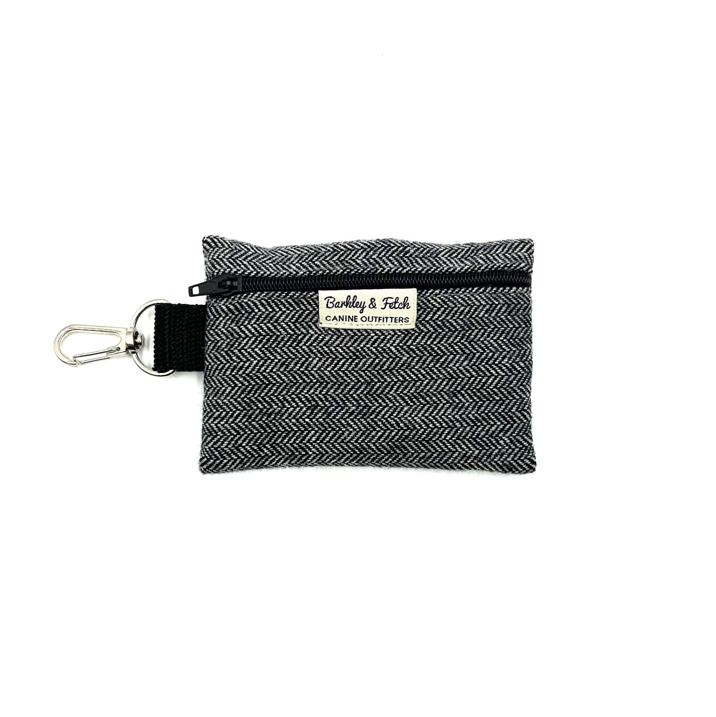 A gray herringbone patterned poo bag holder with a zipper and a clip, branded with 'Barkley & Fetch'.