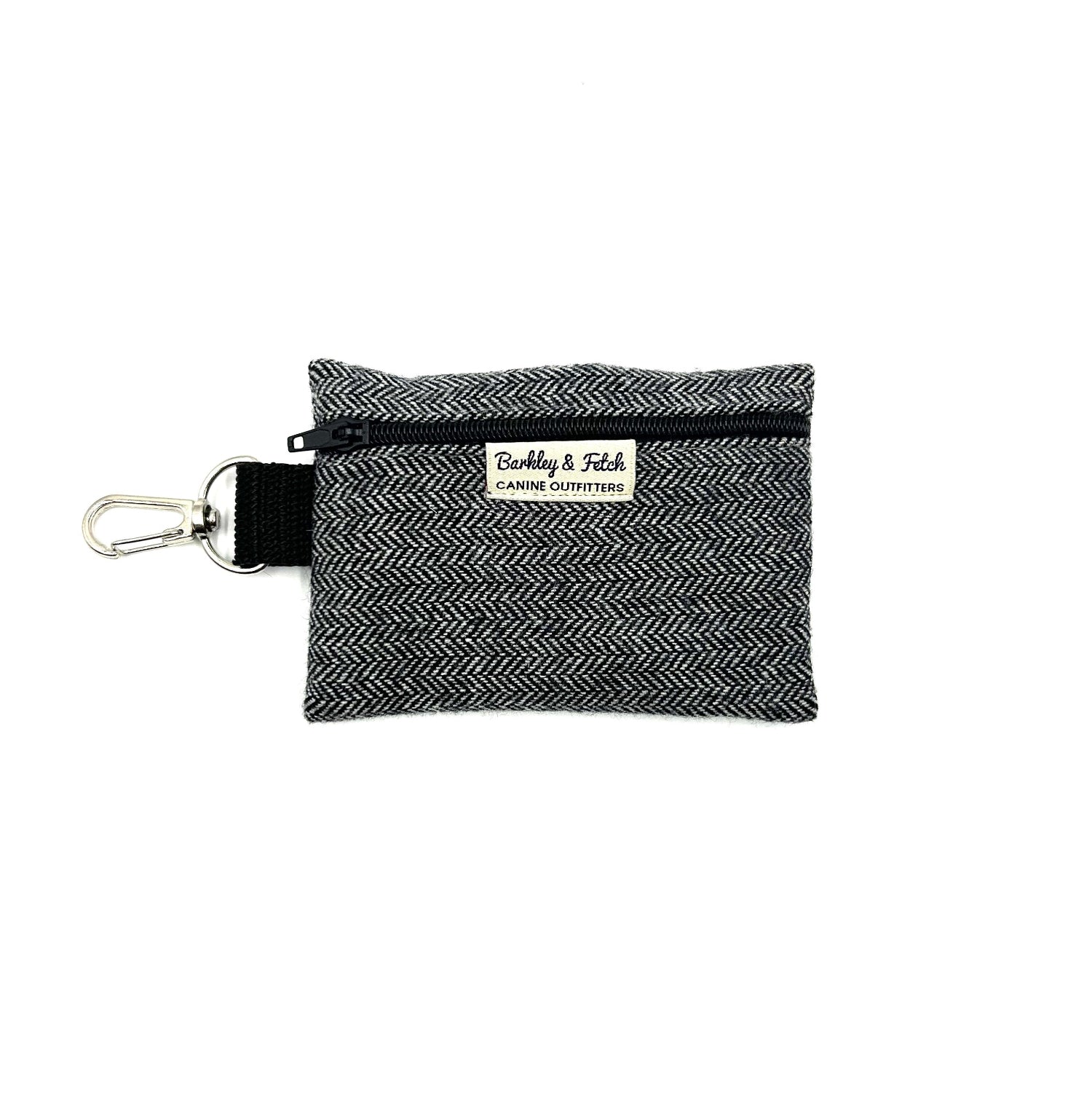 A gray herringbone patterned poo bag holder with a zipper and a clip, branded with 'Barkley & Fetch'.