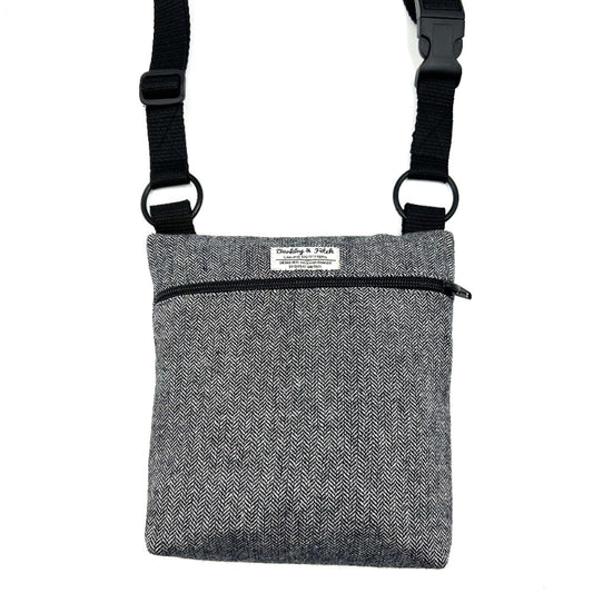 Grey crossbody bag with a visible brand label on a white background Handmade in the UK by Barkley and Fetch