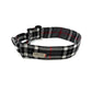 Plaid dog collar with visible brand label on a white background