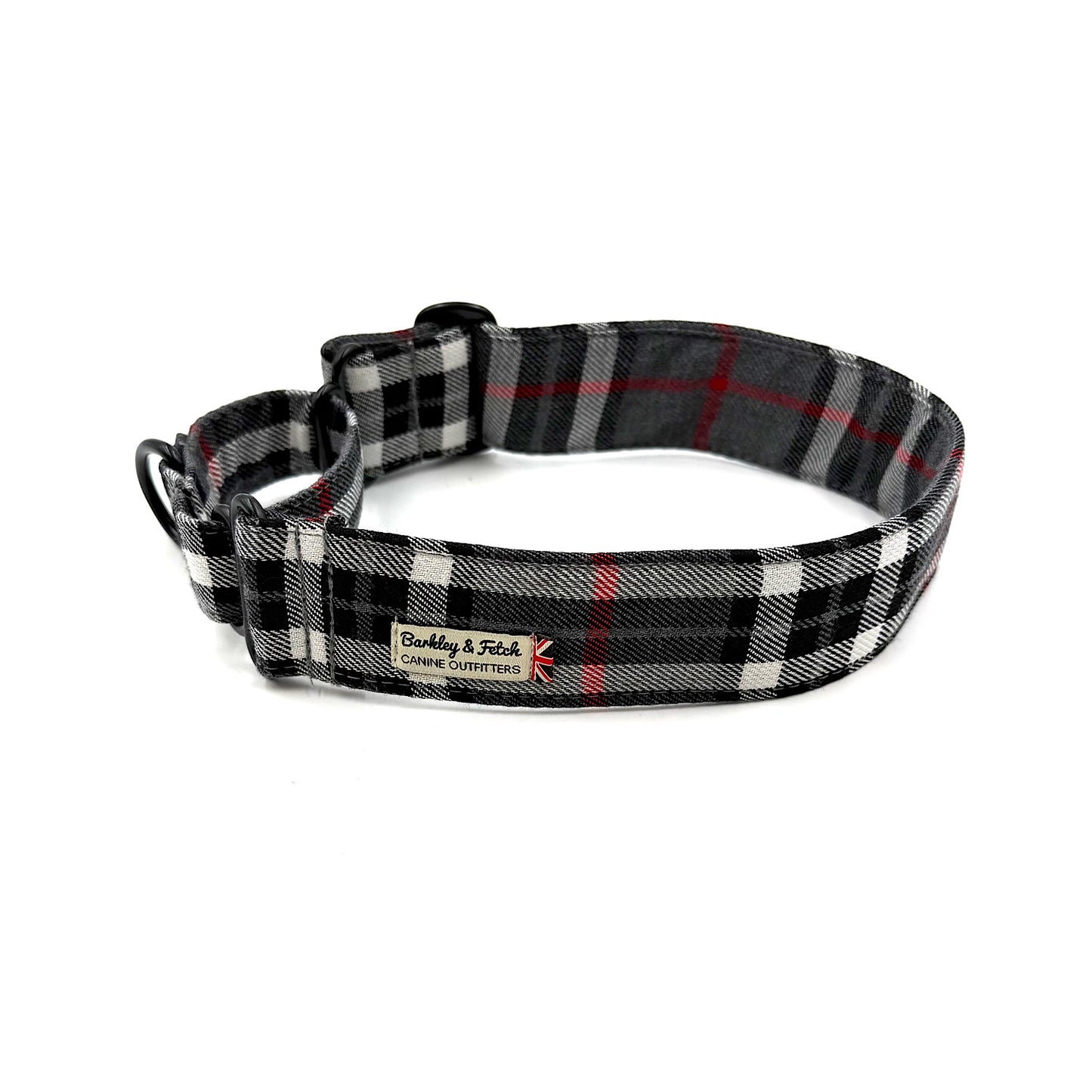 Plaid dog collar with visible brand label on a white background