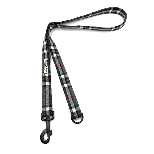 Plaid patterned dog leash on a white background