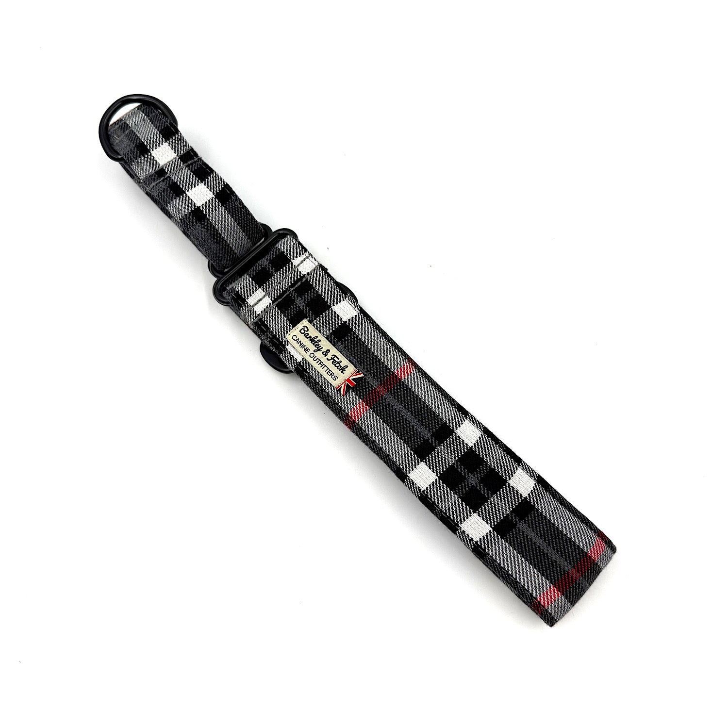 Black and white checkered belt with red accents on a white background