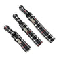 Three black and white plaid dog collars with red accents on a white background
