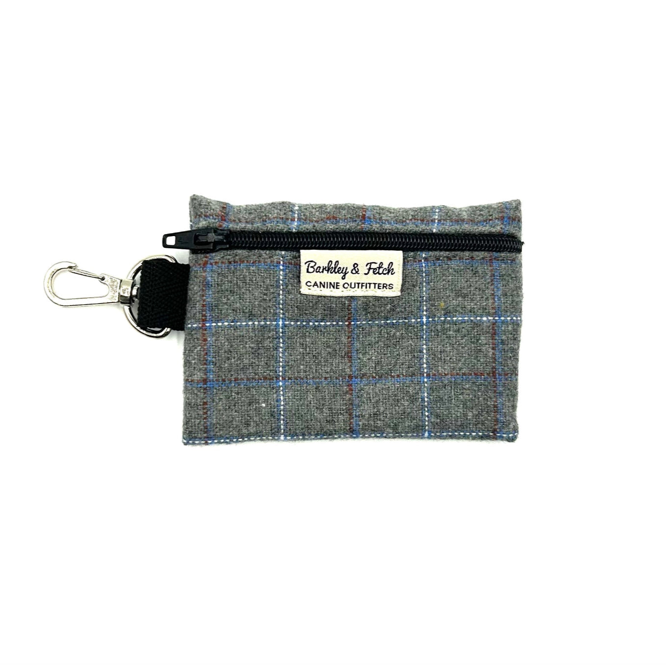 A gray windowpane check poo bag holder with a black zipper and clip, branded by Barkley & Fetch.