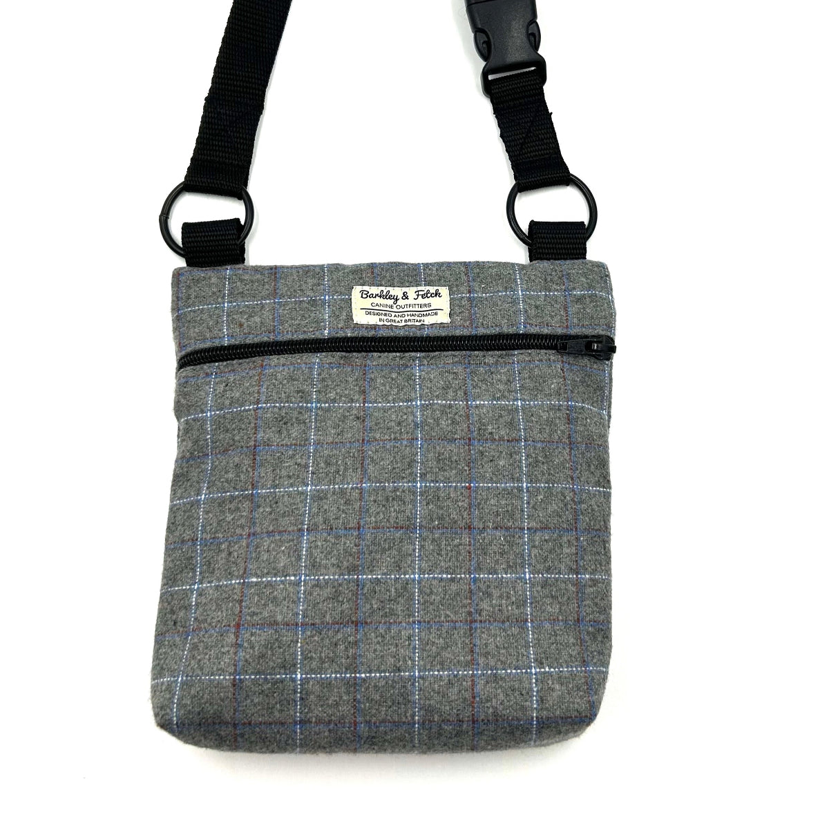 Gray checkered crossbody bag with a strap on a white background handmade in the UK by Barkley and Fetch