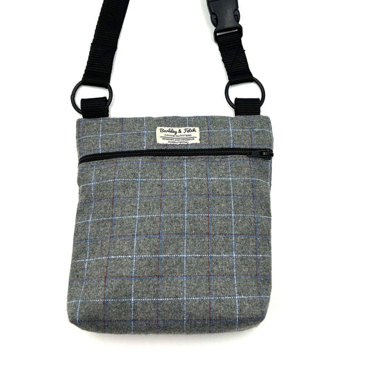 Gray checkered crossbody bag with a strap on a white background handmade in the UK by Barkley and Fetch