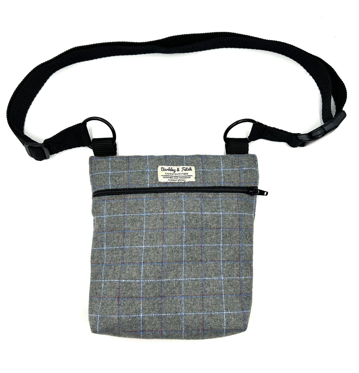 Gray checkered bag with black strap on a white background handmade in the UK by Barkley and Fetch