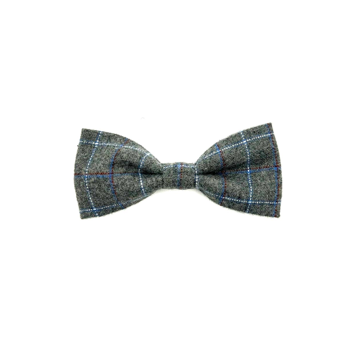 A gray windowpane check dog bowtie with blue accents, positioned against a white background handmade in the UK by Barkley and Fetch