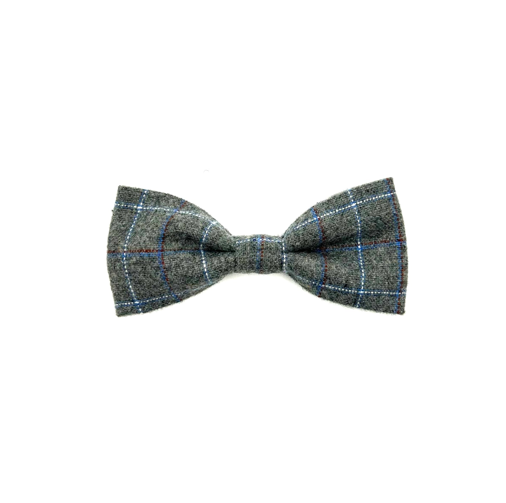 A gray windowpane check dog bowtie with blue accents, positioned against a white background handmade in the UK by Barkley and Fetch