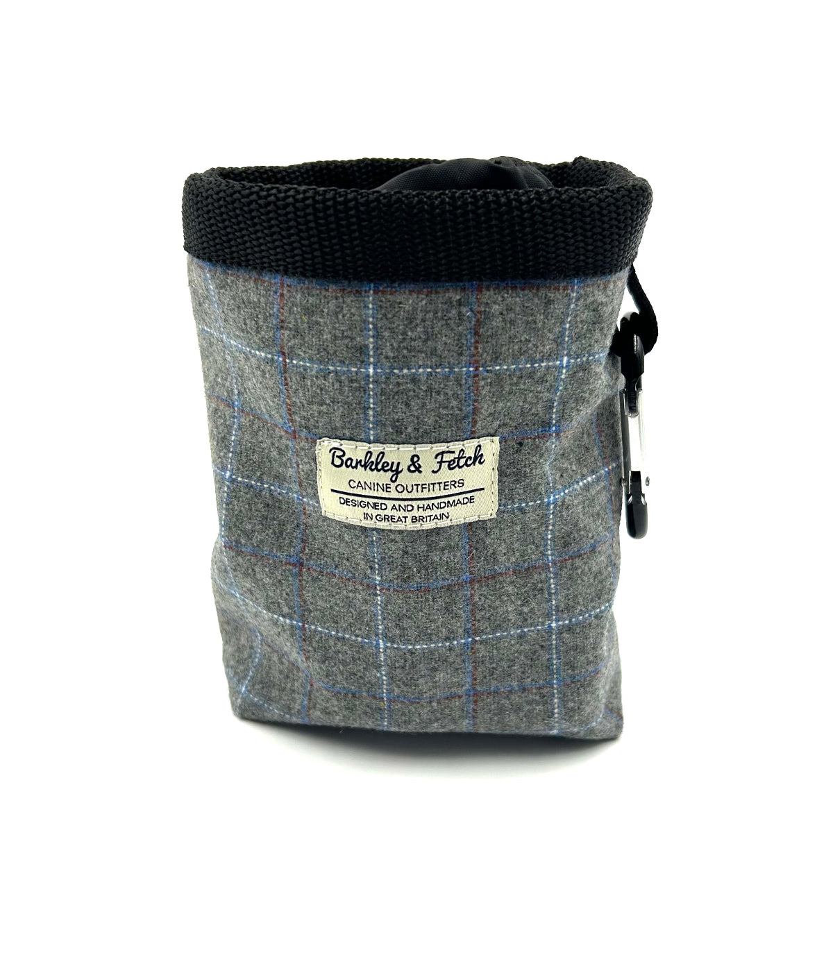 Gray checkered pouch with black top and visible brand label on a white background handmade in the UK by Barkley and Fetch