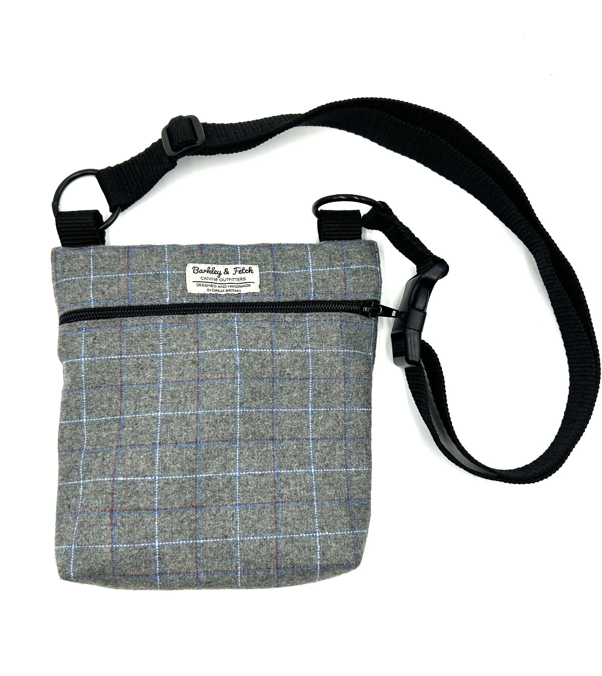 Gray checkered bag with a black strap on a white background handmade in the UK by Barkley and Fetch