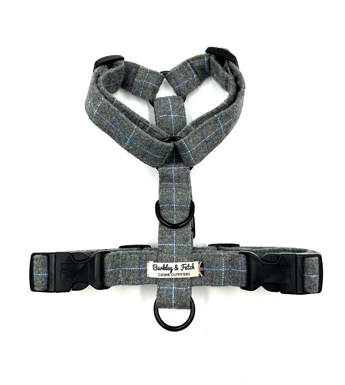 A grey windowpane check strap harness for dogs with adjustable straps and side release buckles, branded with 'Barkley & Fetch'.