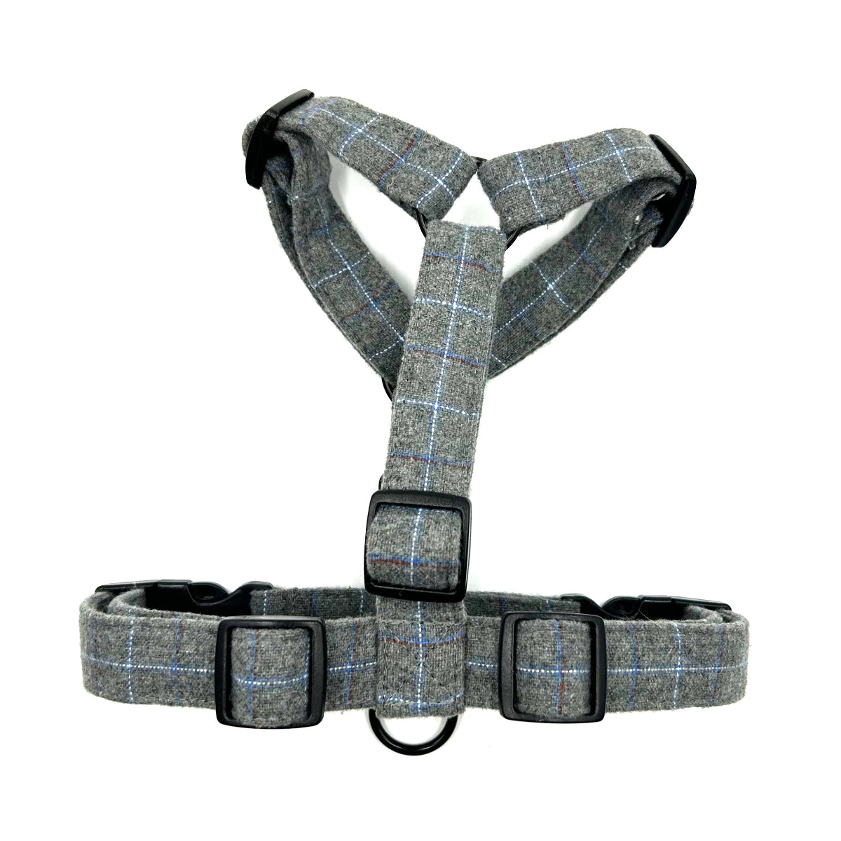 Gray plaid dog harness on a white background handmade in the UK by Barkley and Fetch