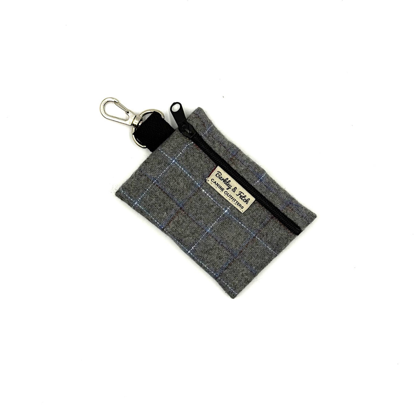 Gray plaid fabric pouch with a keychain clip on a white background