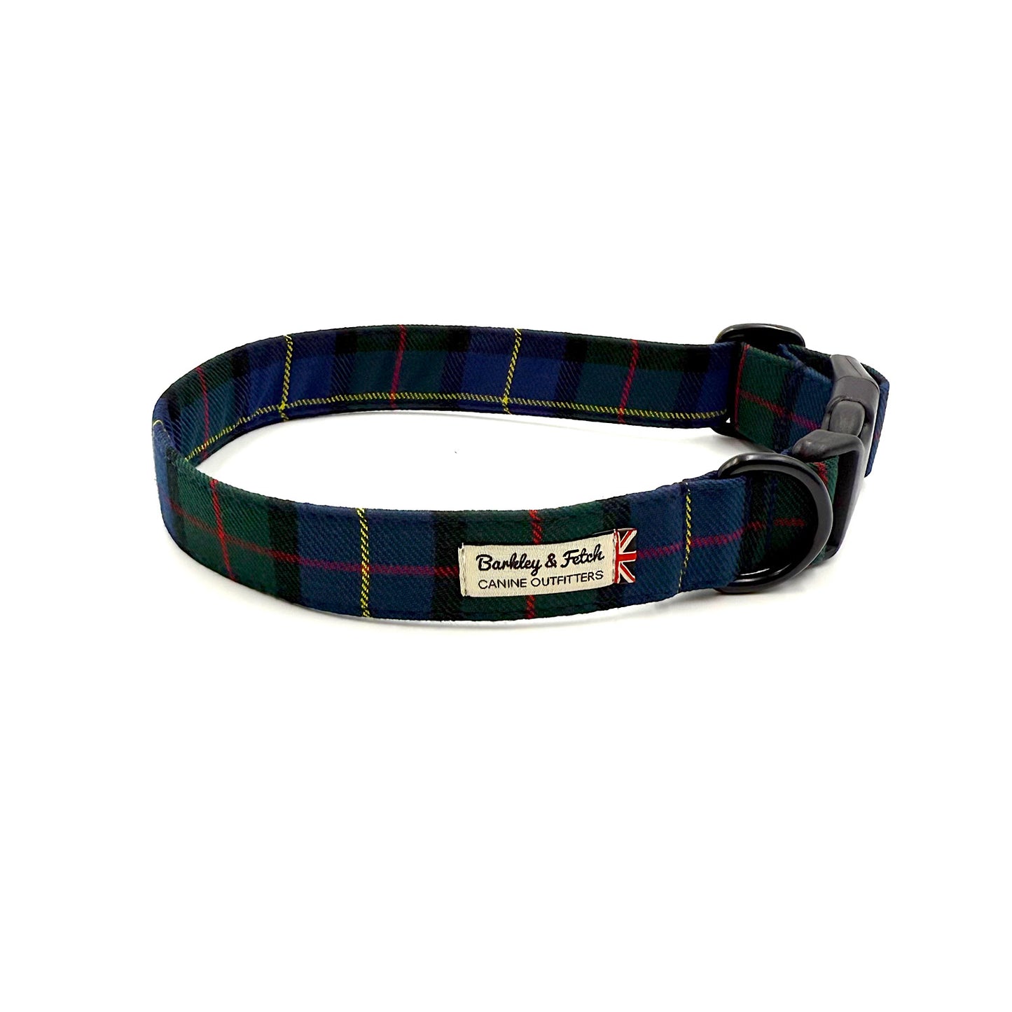 Plaid dog collar with a visible brand label on a white background