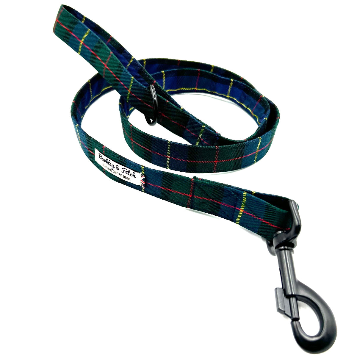 Plaid dog leash with a metal clip on a white background handmade in the UK by Barkley and Fetch