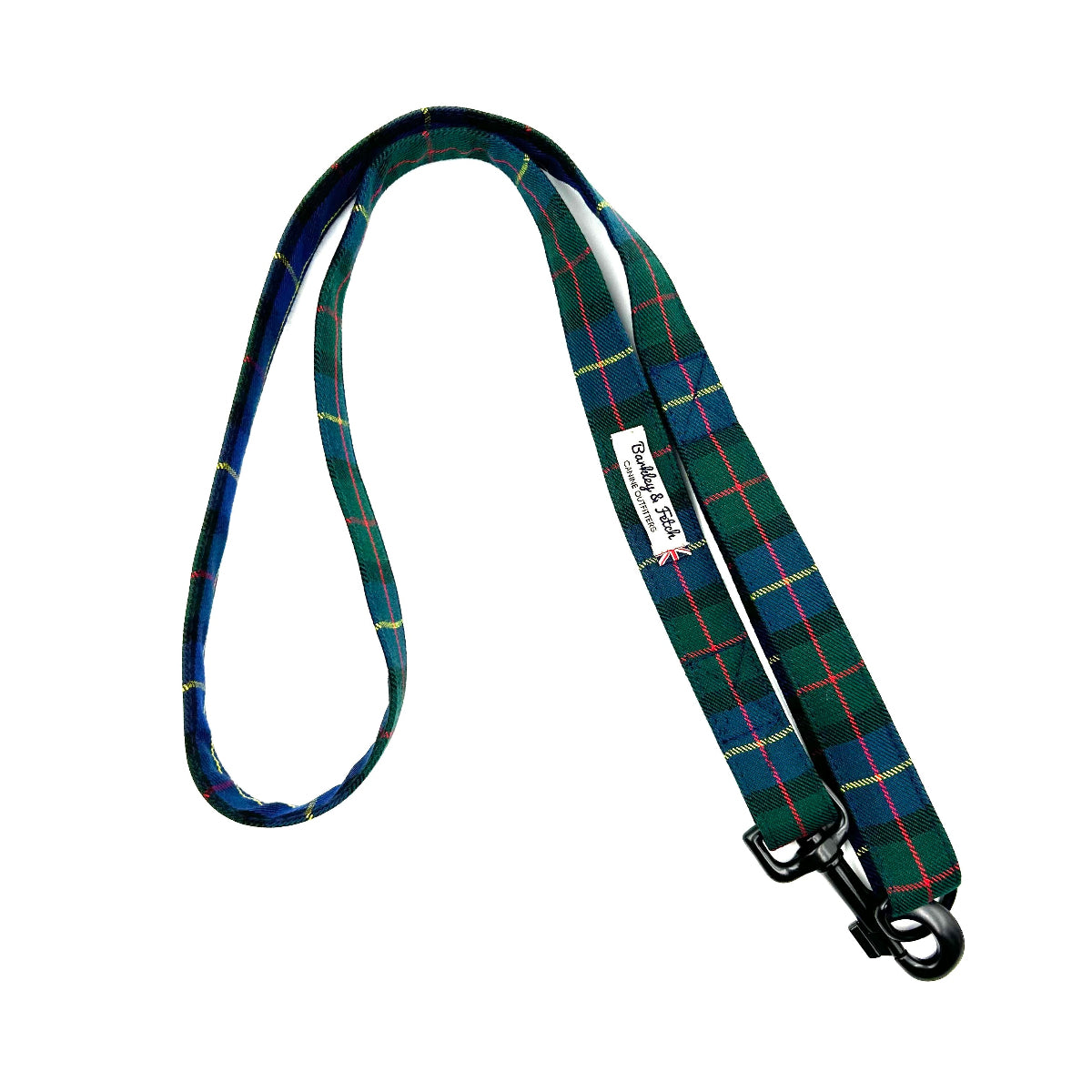 Green plaid dog leash with a metal clip on a white background handmade in the UK by Barkley and Fetch
