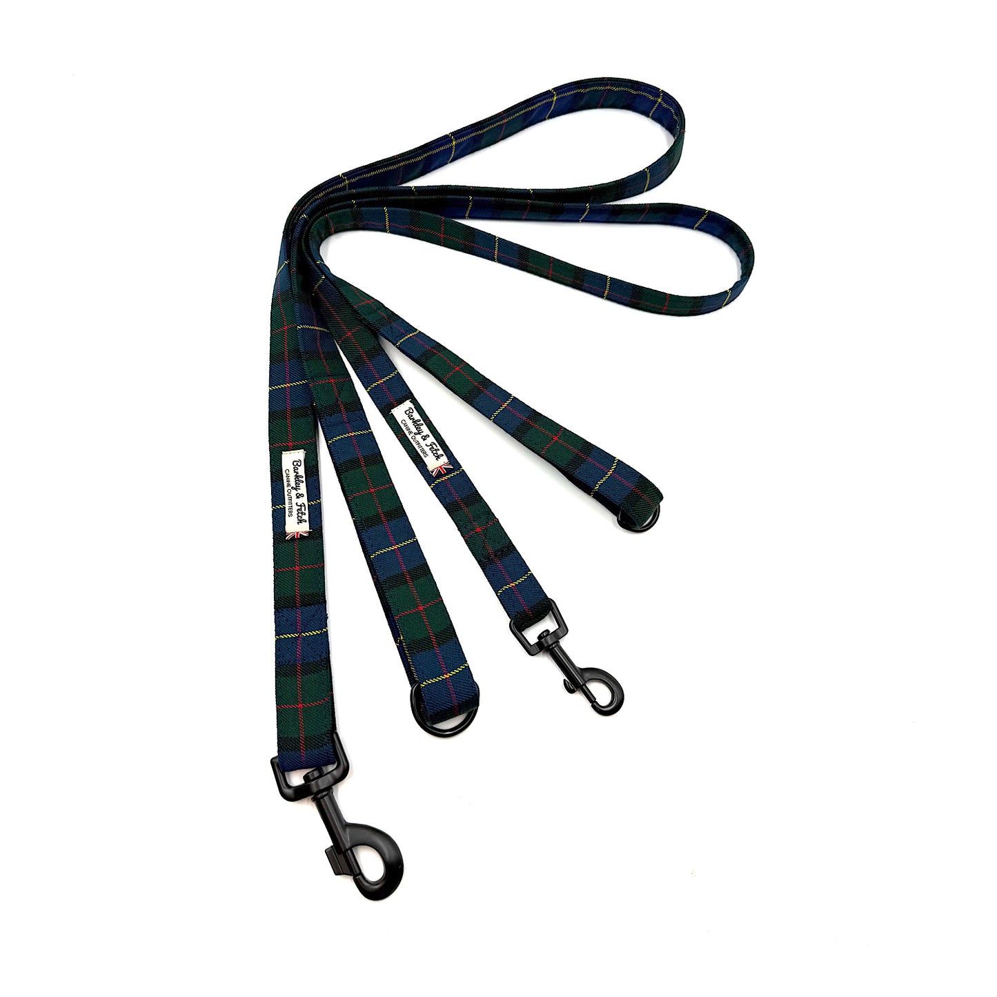 Plaid dog leash on a white background. Handmade in the uk by Barkley and Fetch