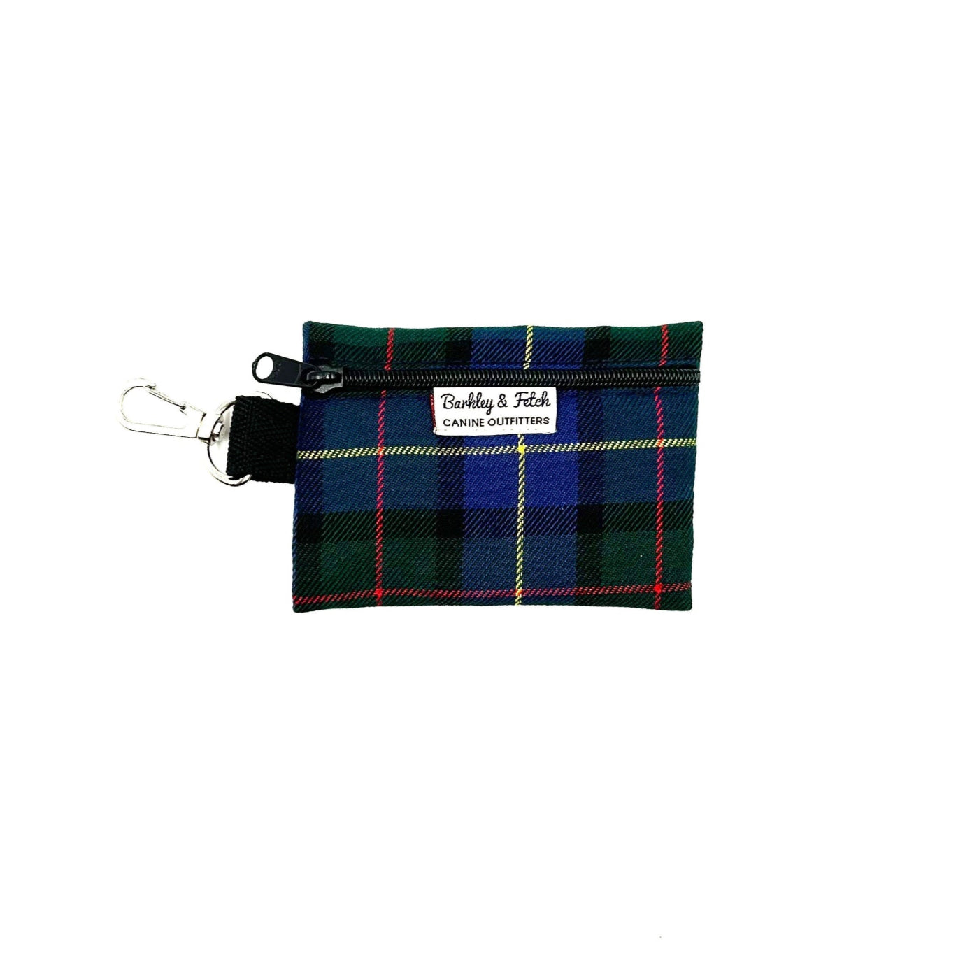 A Gunn tartan pattern poo bag holder with a clip and a label that reads 'Barkley & Me'.
