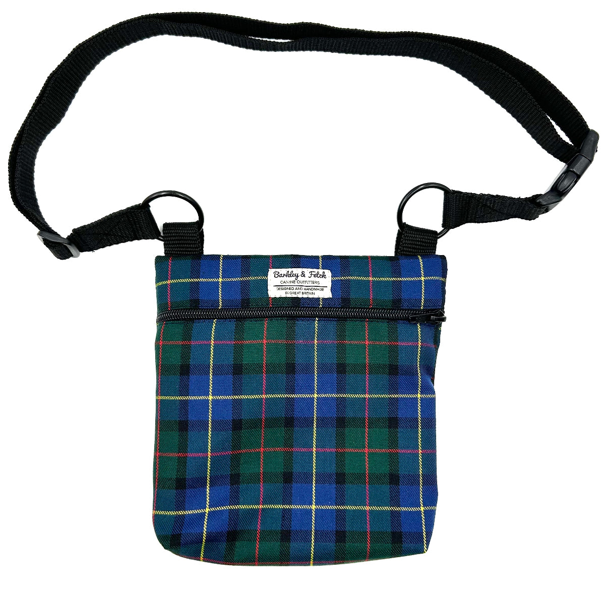 Plaid bag with a black strap on a white background handmade in the UK by Barkley and Fetch
