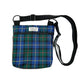 A blue and green tartan patterned dog walk and treat bag with an adjustable long shoulder strap and a zip fastening. handmade in the UK by Barkley and Fetch