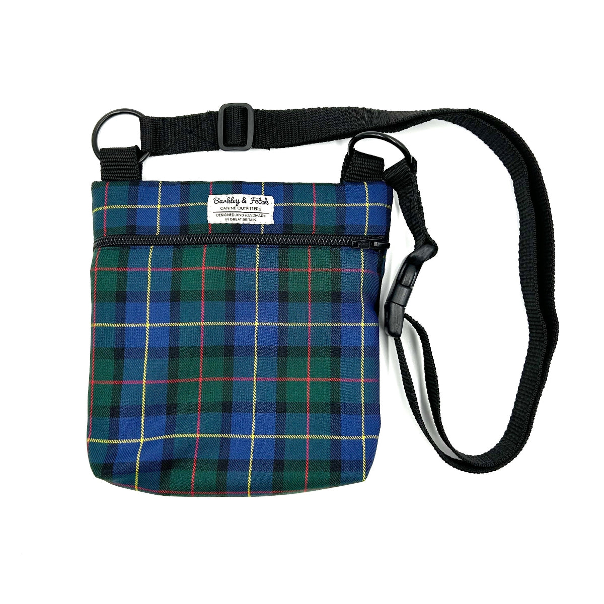 A blue and green tartan patterned dog walk and treat bag with an adjustable long shoulder strap and a zip fastening. handmade in the UK by Barkley and Fetch
