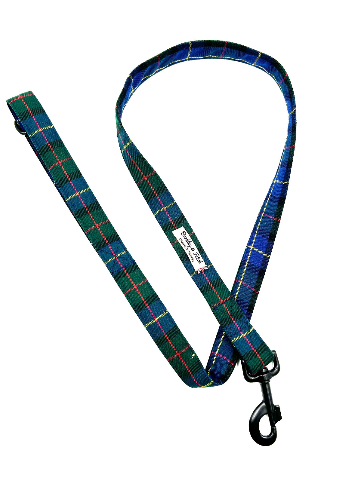 Plaid dog leash with a black clip on a white background handmade in the UK by Barkley and Fetch