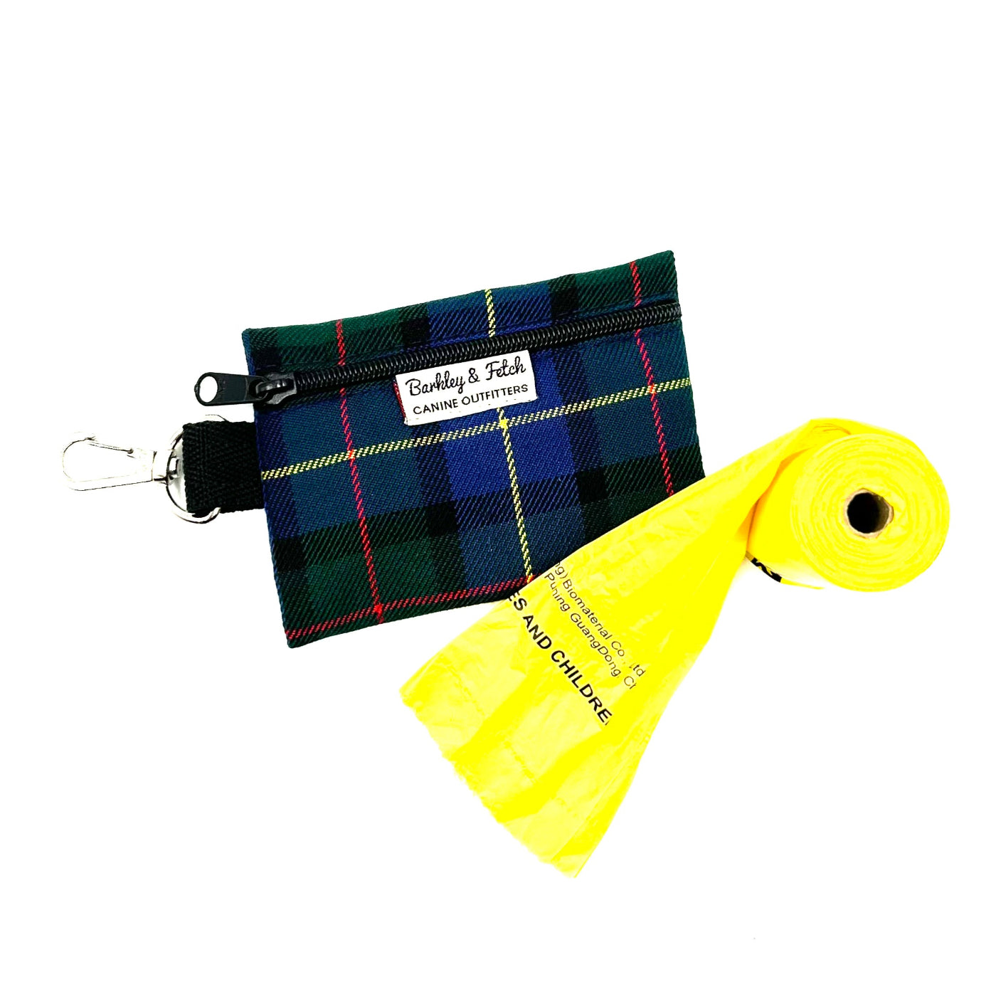 Plaid pouch with a keychain and yellow dog leash on a white background