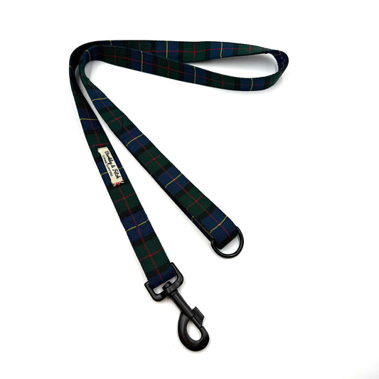 Plaid dog leash with a clip on a white background. Handmade in the uk by Barkley and Fetch