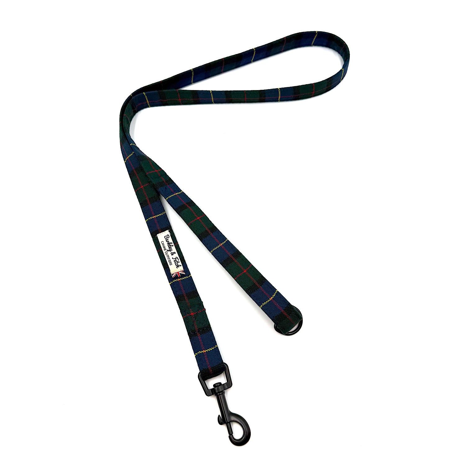Plaid dog leash with a clip on a white background. Handmade in the uk by Barkley and Fetch
