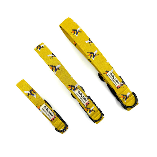Yellow dog leashes with a pattern on a white background