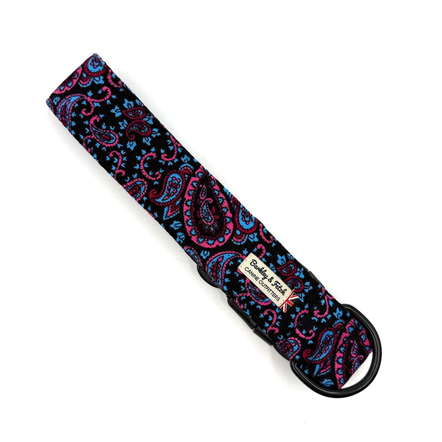 Patterned dog training leash with a brand label on a white background